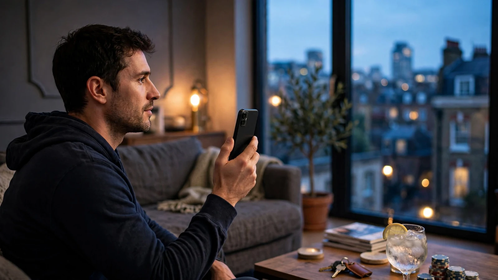 Person holding a smartphone in a modern UK apartment with casino chips on a table.