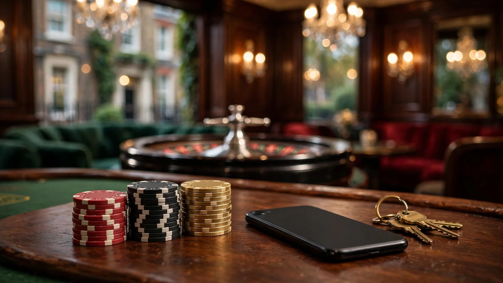 Casino table with chips, roulette wheel, and a face-down smartphone under warm lighting