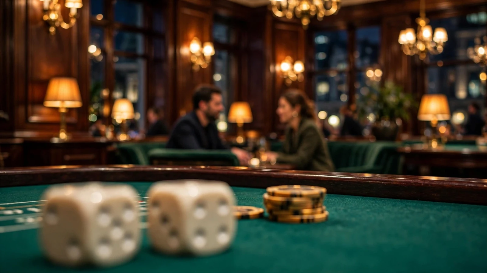 Craps dice and chips on a casino table in a luxurious UK gaming lounge