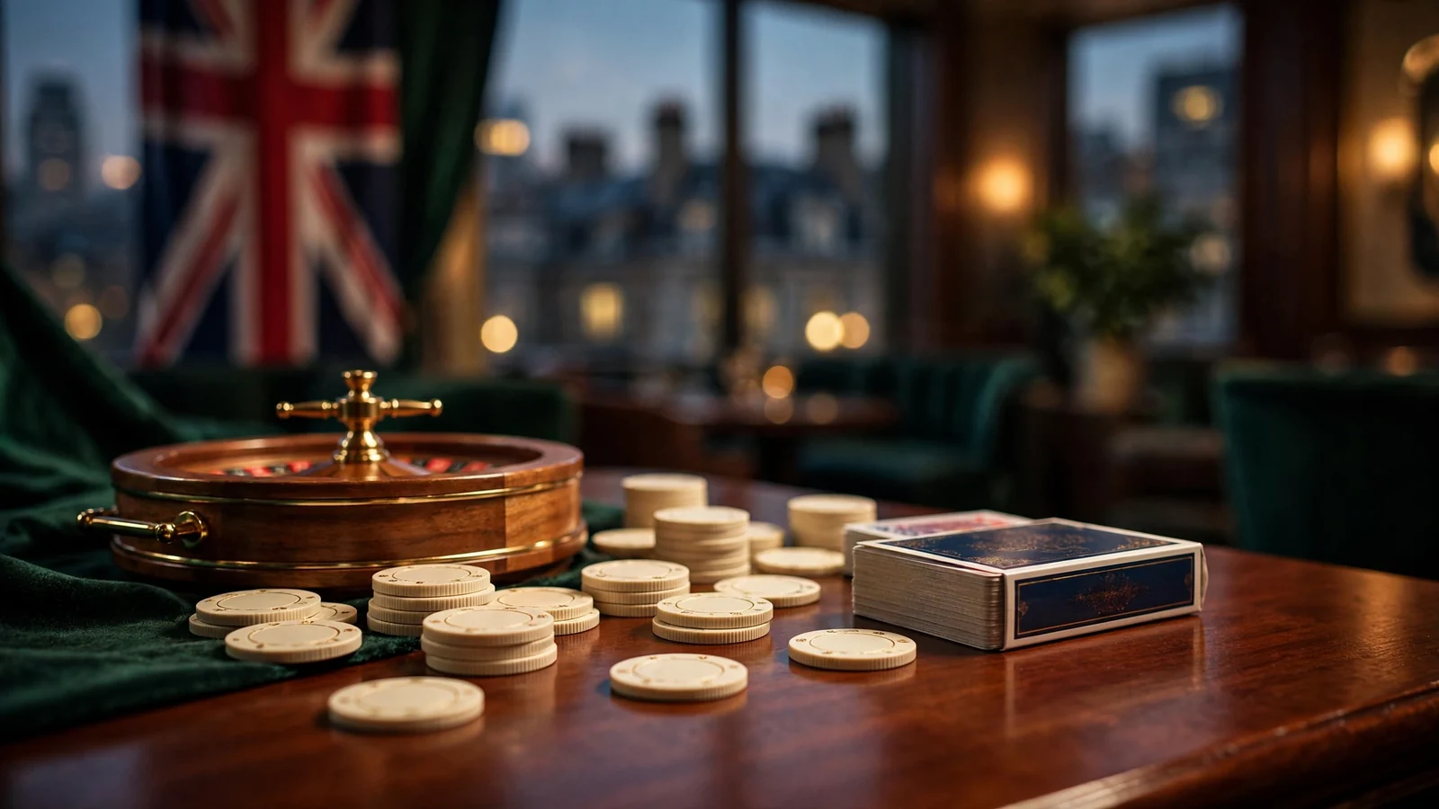 British casino table with chips, cards, and roulette wheel, London skyline at dusk