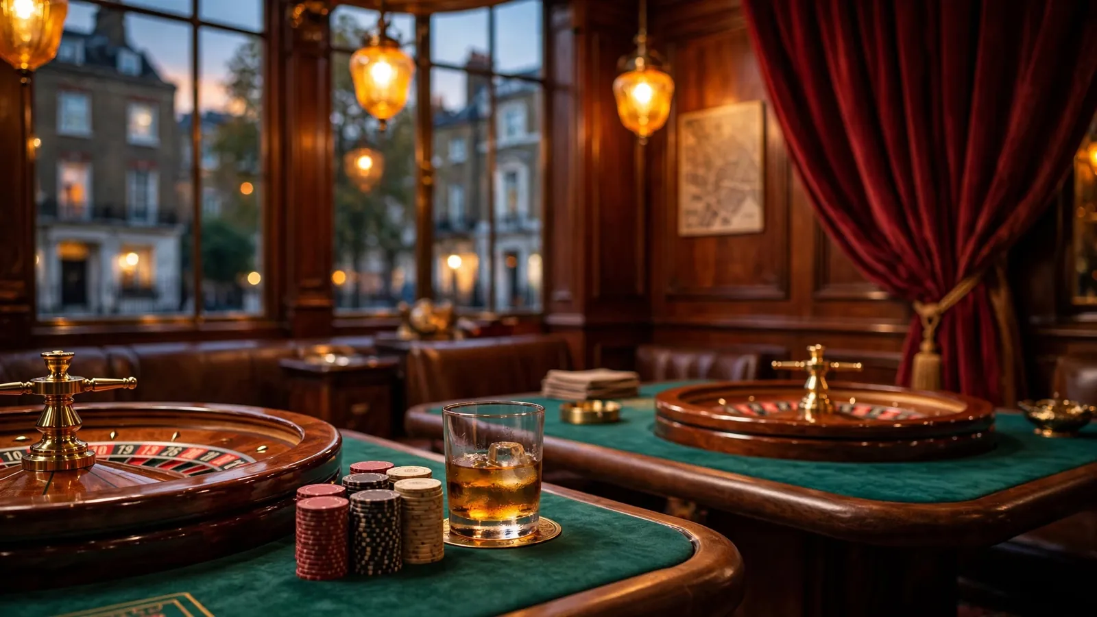 Stylish London casino lounge with roulette tables and amber lighting.