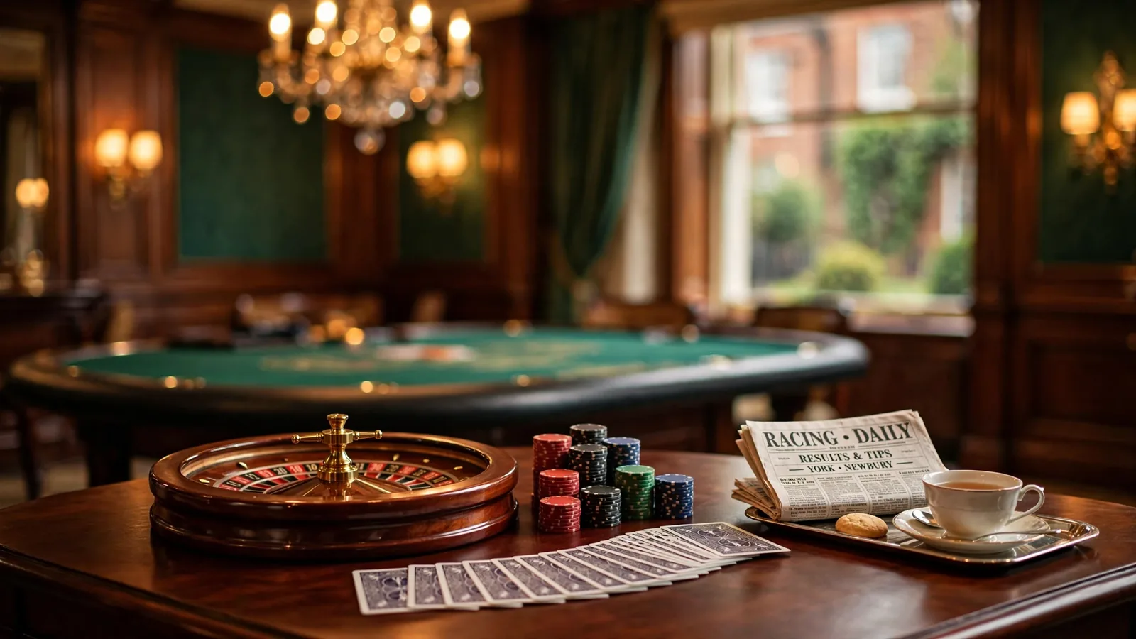 Elegant UK casino table with roulette wheel, chips, and cards under warm lighting.
