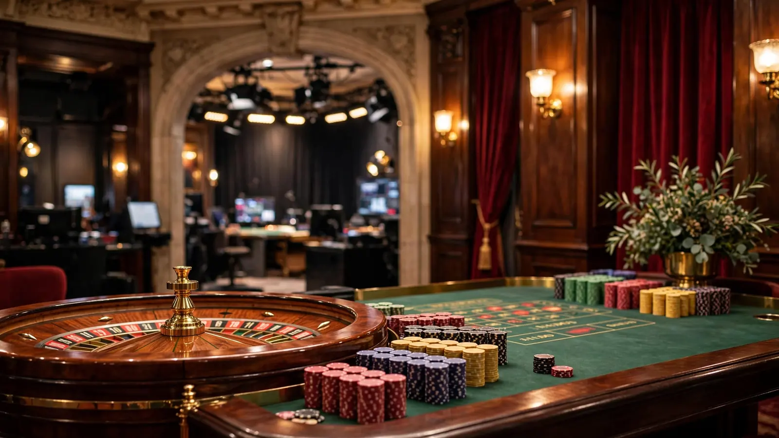 Elegant UK casino interior with roulette table and live dealer studio