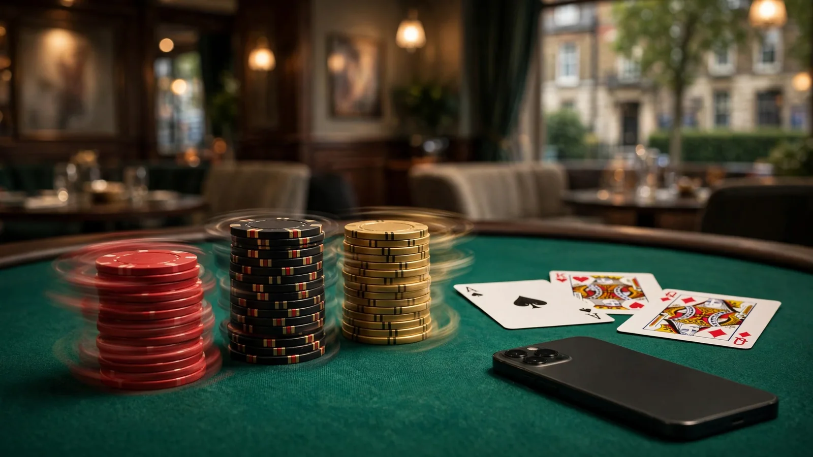 Stacked casino chips and playing cards on green felt with smartphone