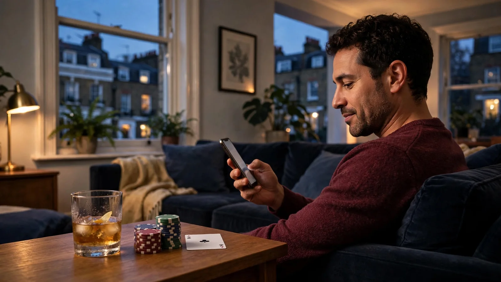 Person relaxing at home with smartphone, casino chips, card and whisky glass