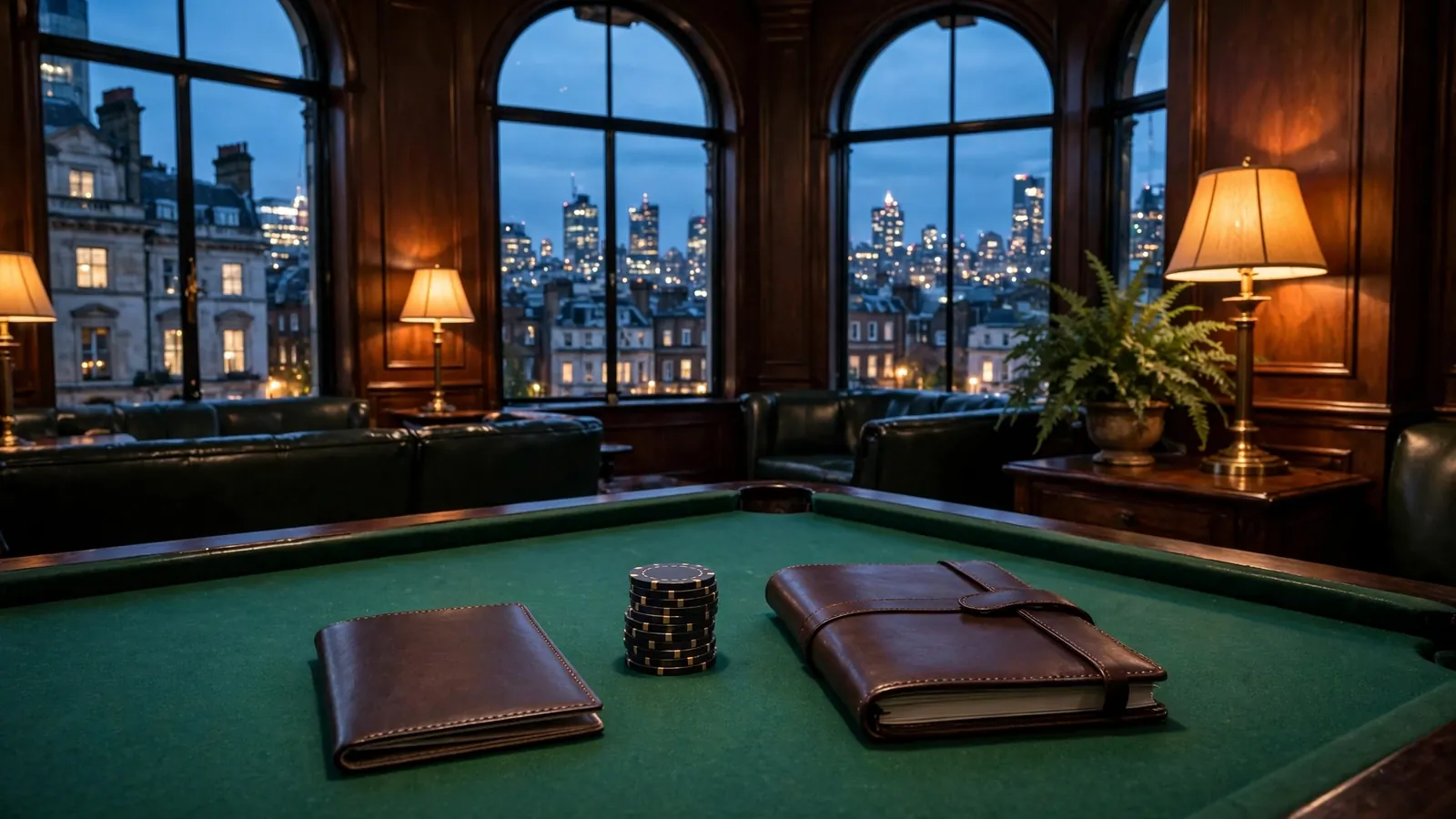 Elegant overseas casino lounge with passport and chips against international city skyline at dusk.