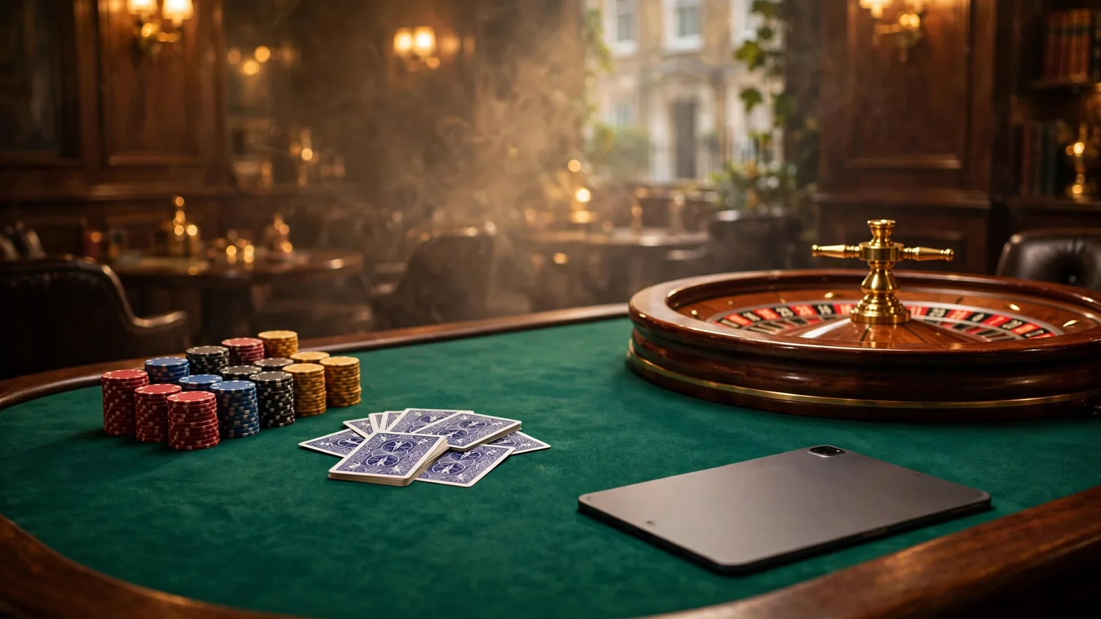 Elegant UK casino lounge with roulette wheel, chips and face-down tablet