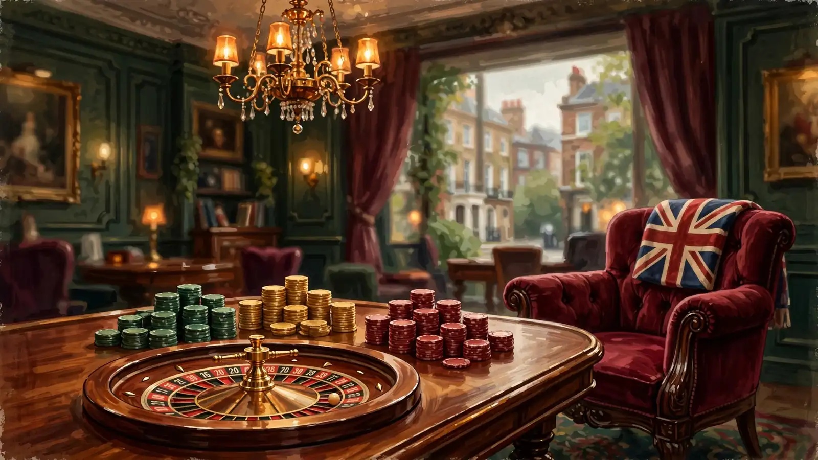 Stylized British casino lounge with roulette wheel and poker chips