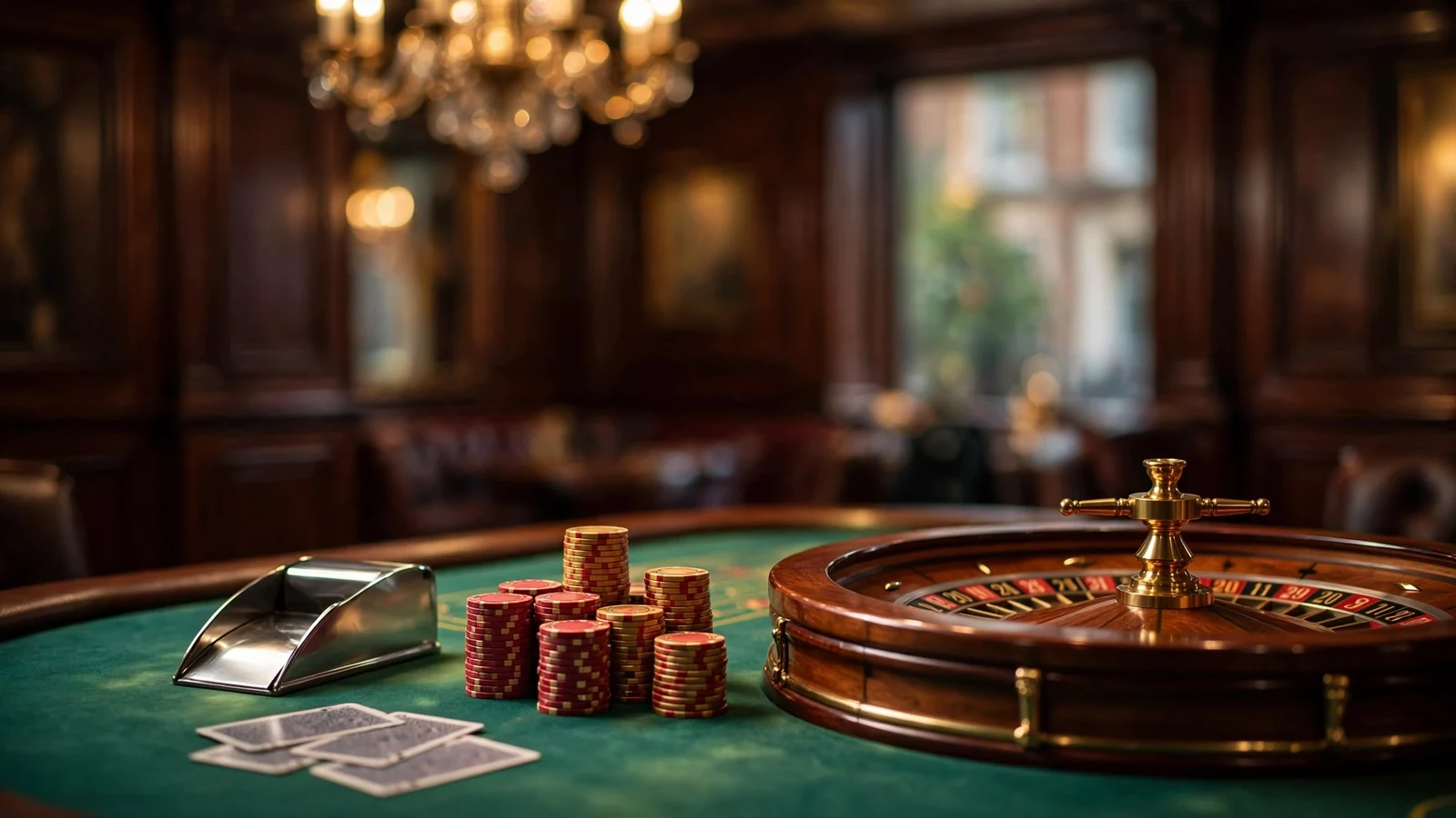 Elegant high-roller casino table with stacked chips, roulette wheel, and playing cards under warm chandelier light
