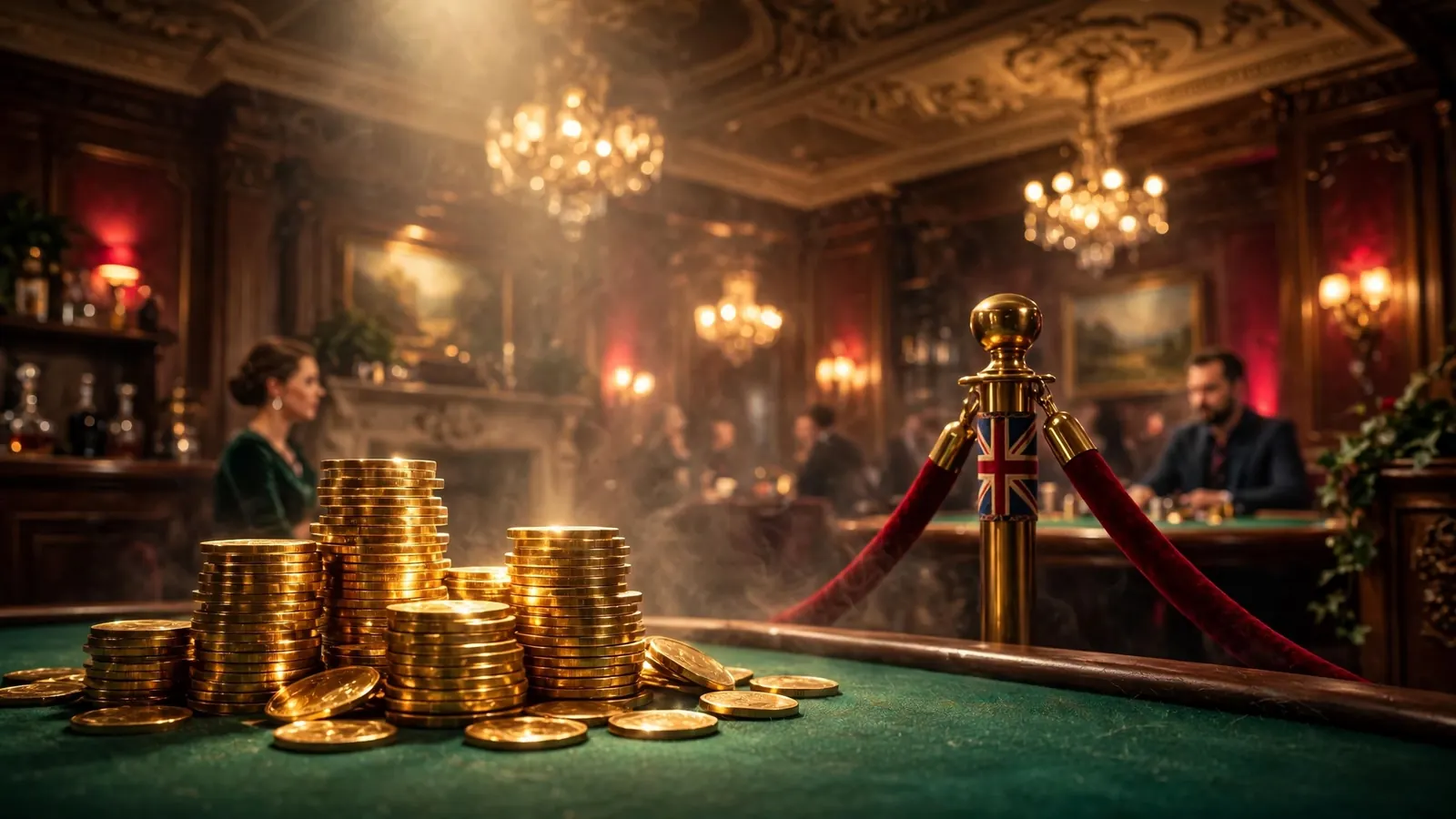 Casino chips and a die on a polished table in a moody UK gambling lounge.