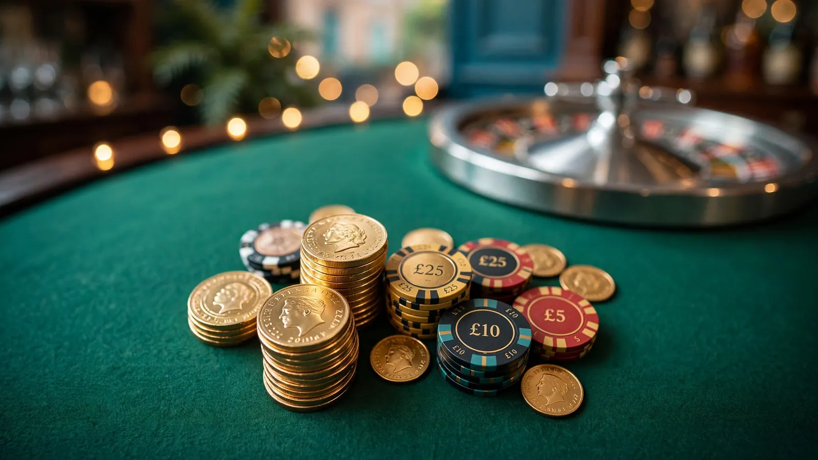 Stack of gold coins and casino chips on green felt in a British casino lounge