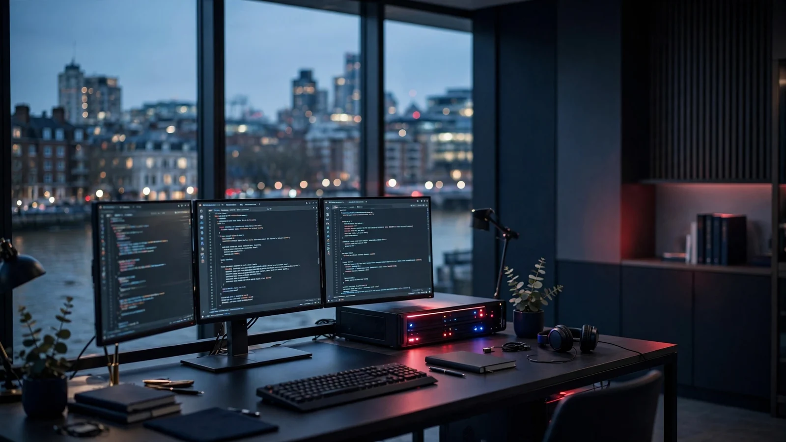 London tech office interior at dusk representing online casino software development in the UK