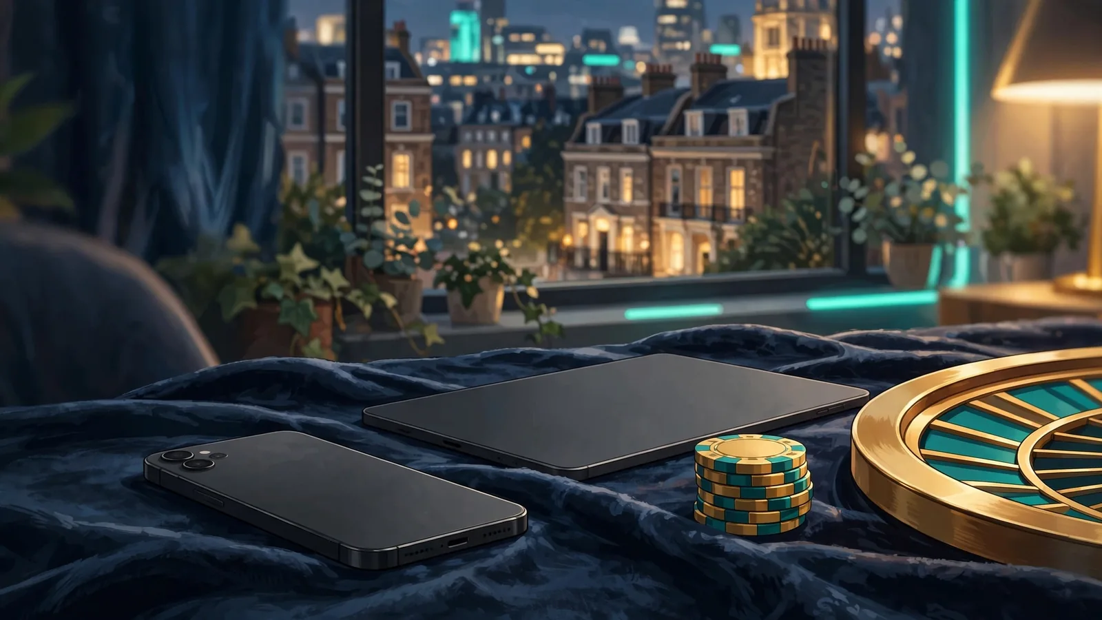 Stylized UK online casino scene with mobile devices, chips, and roulette
