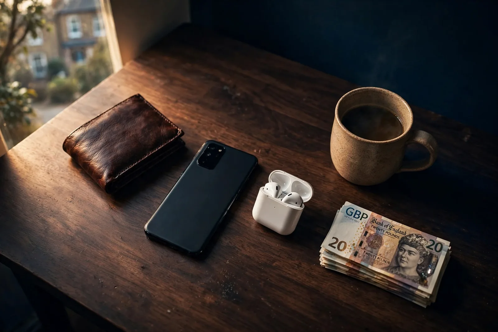 Closed wallet, face-down phone, and British pounds on a wooden desk