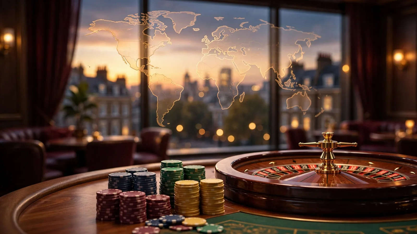 Casino table with roulette wheel overlooking London skyline at dusk