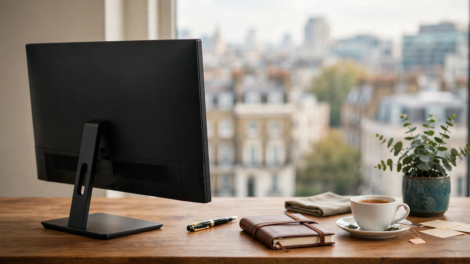 Modern office setup with turned-away monitor, pen, notebook, and London skyline view