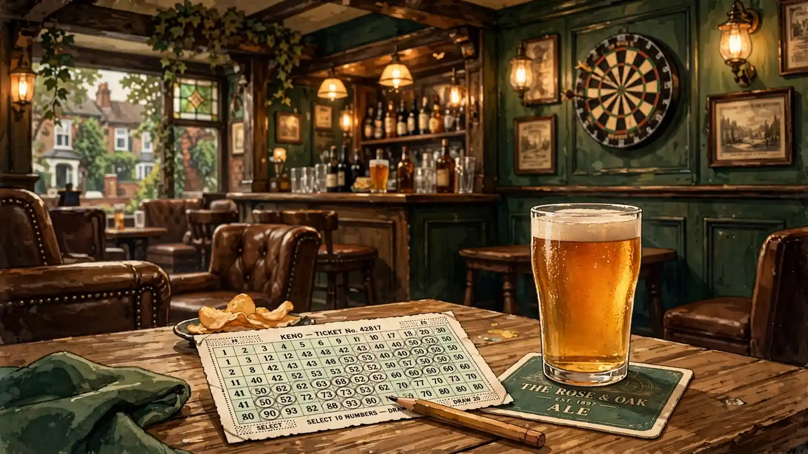 Keno ticket and ale on a wooden table inside a traditional British pub