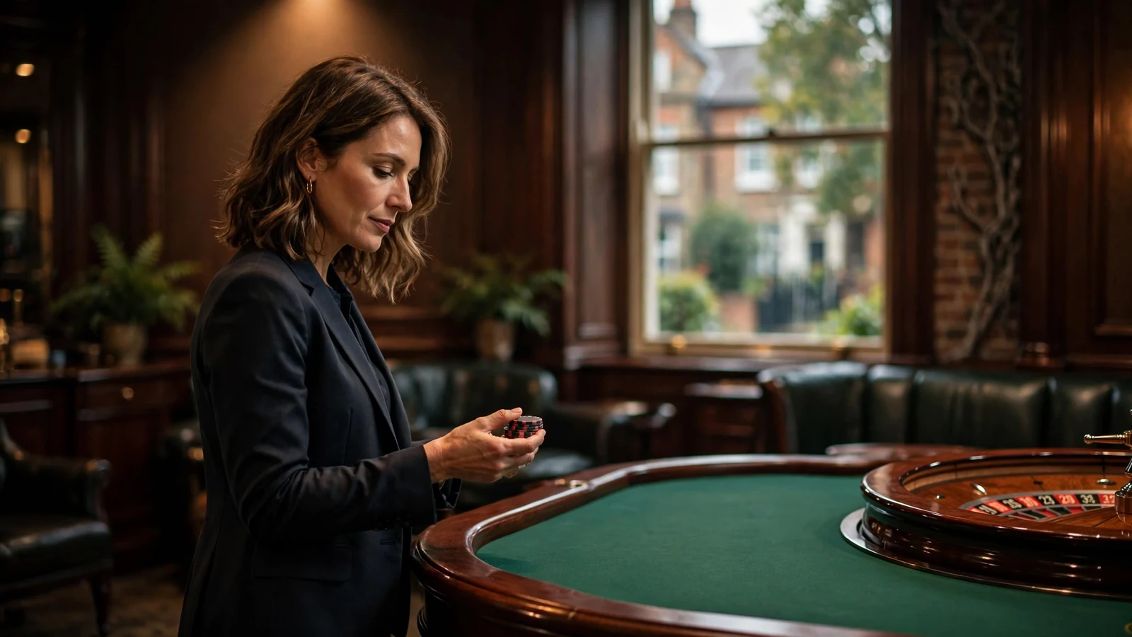 Female dealer beside a roulette wheel in a premium live casino studio.