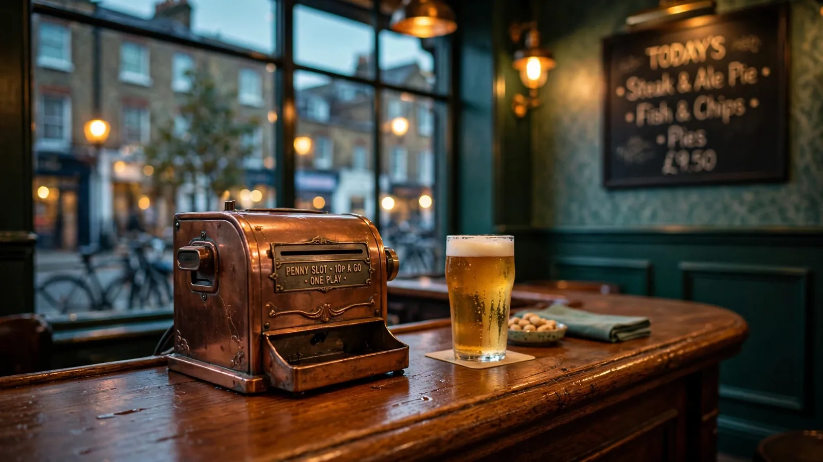 Vintage slot machine on a pub counter in London at dusk.