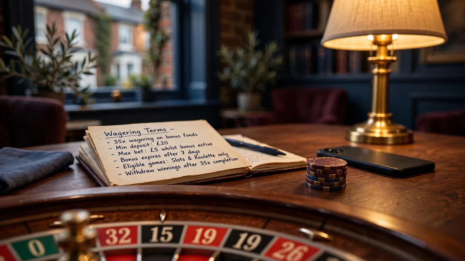 Casino table with chips, roulette, phone and notebook with wagering notes in warm British lounge setting.