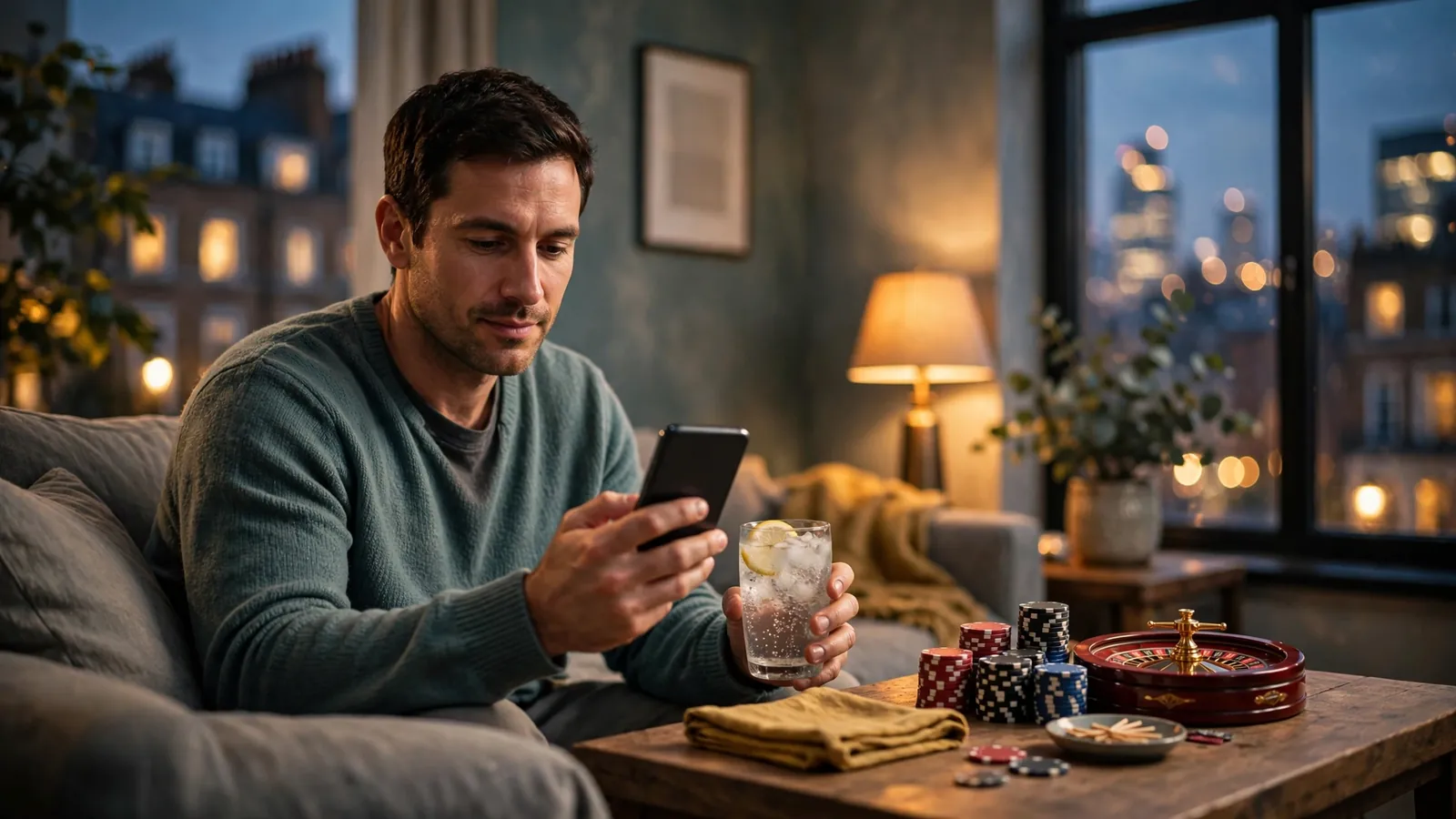 Person relaxing with smartphone, casino chips, and roulette in UK home