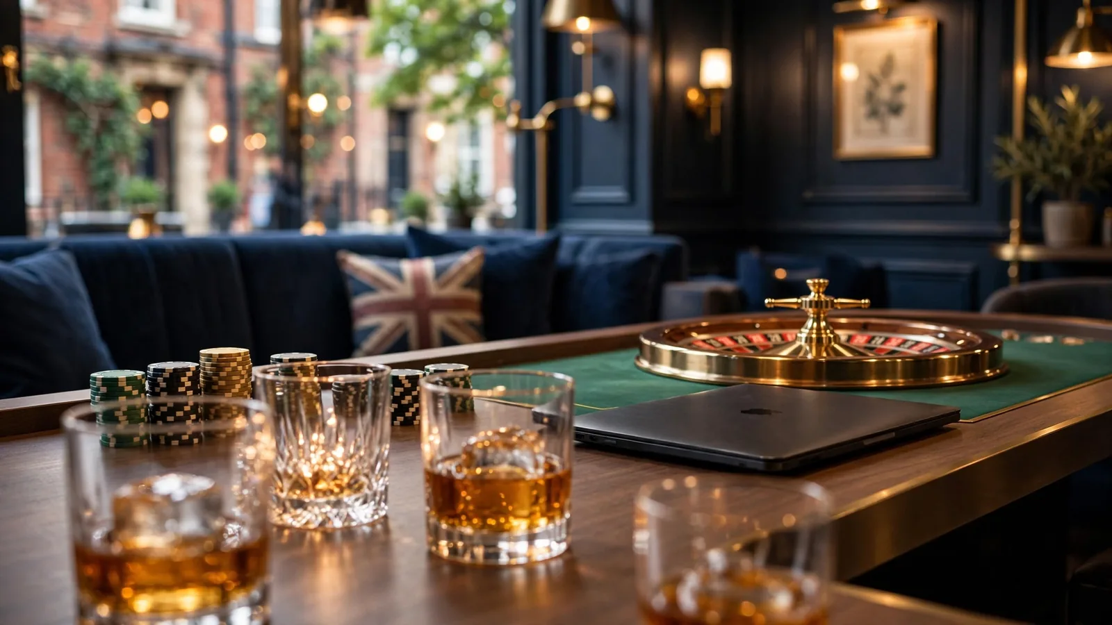 Stylish British online casino lounge with chips, roulette, and closed laptop