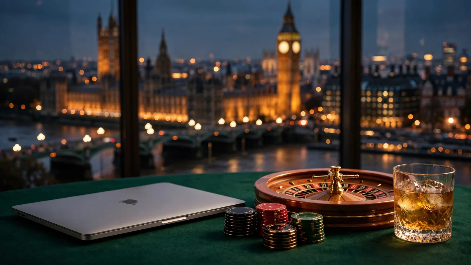 Luxurious London evening scene with closed laptop, casino chips and roulette wheel overlooking Thames skyline