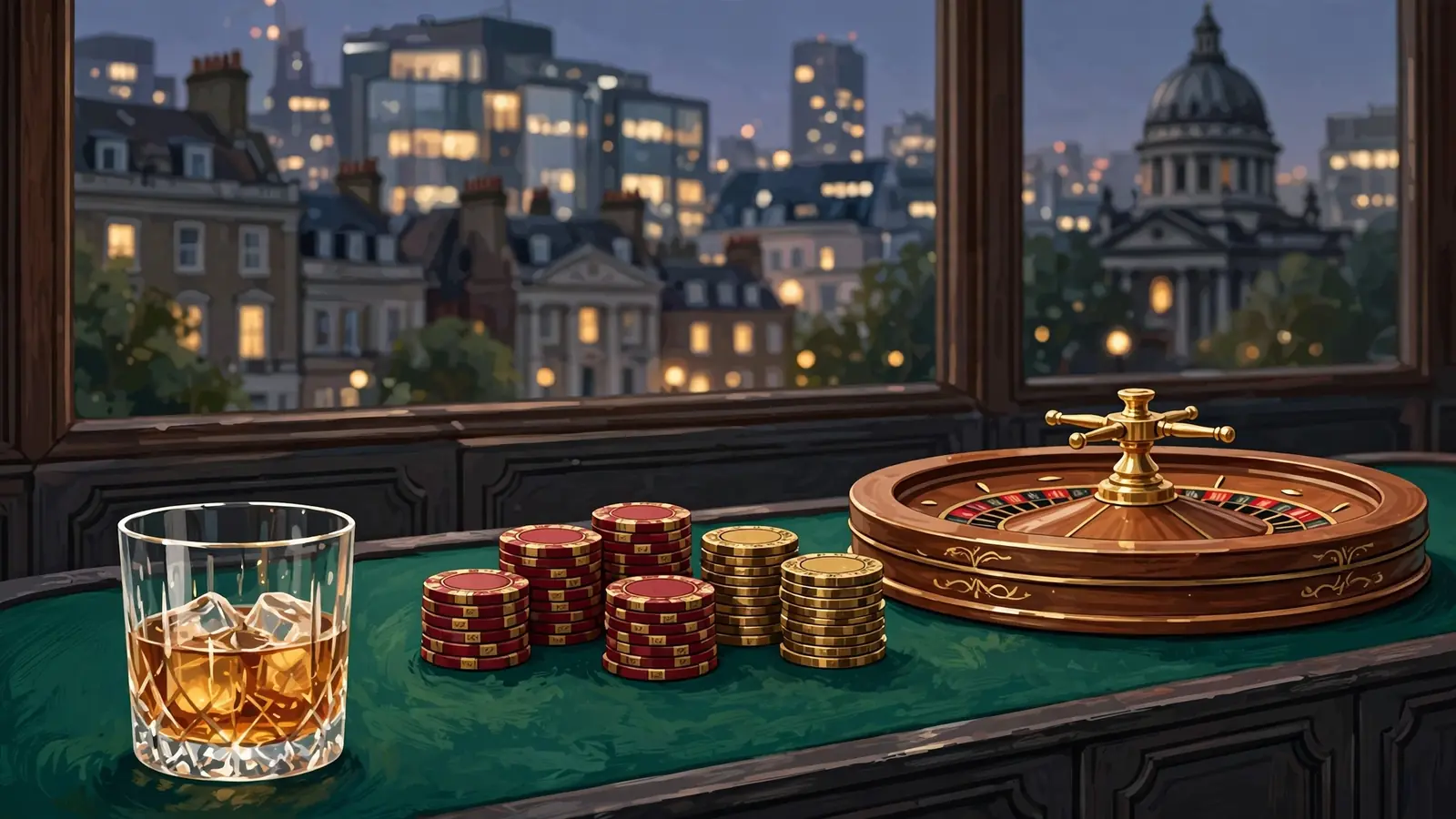 Luxurious UK casino table scene with chips, roulette wheel, whiskey, and London skyline