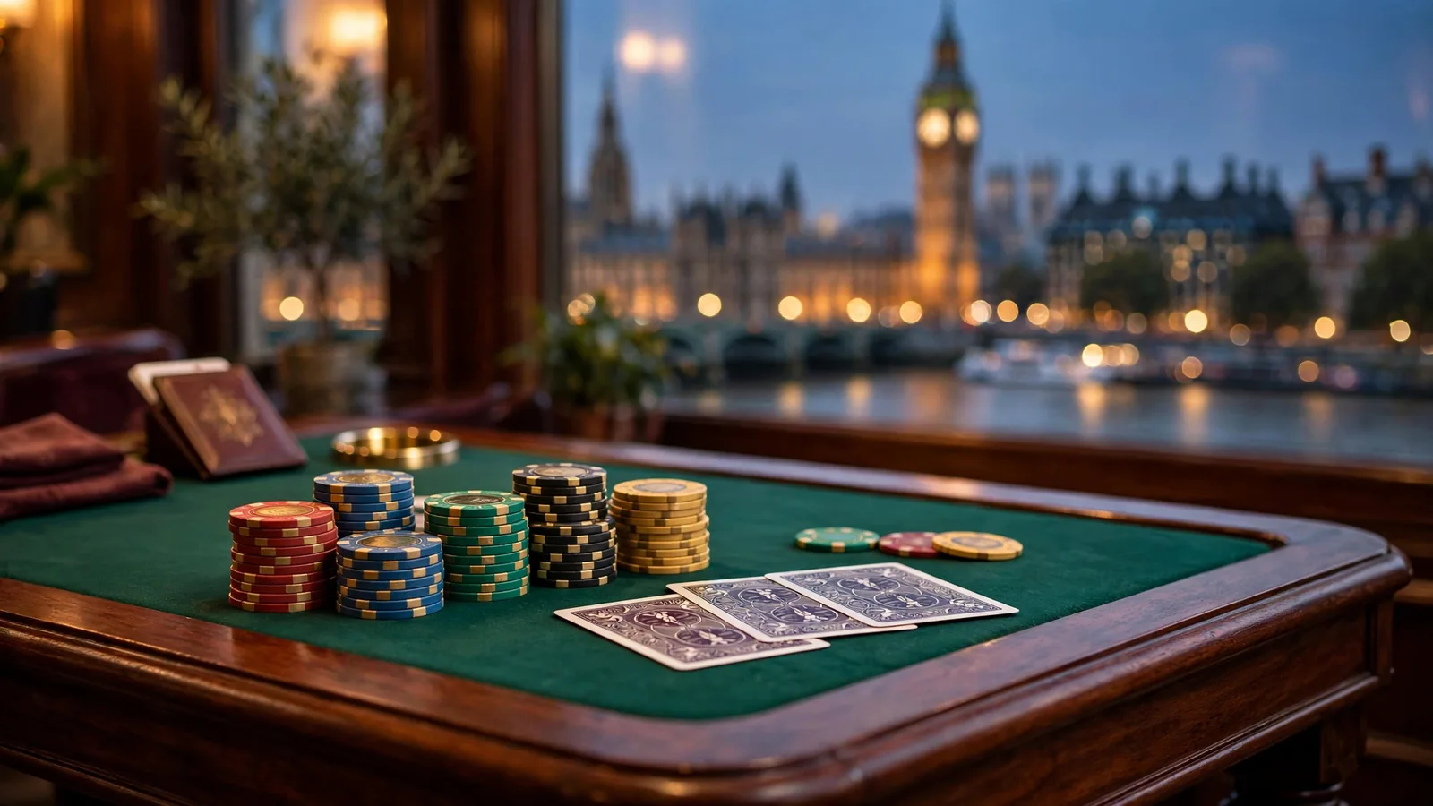 Casino chips and cards on green felt with London skyline silhouette at dusk
