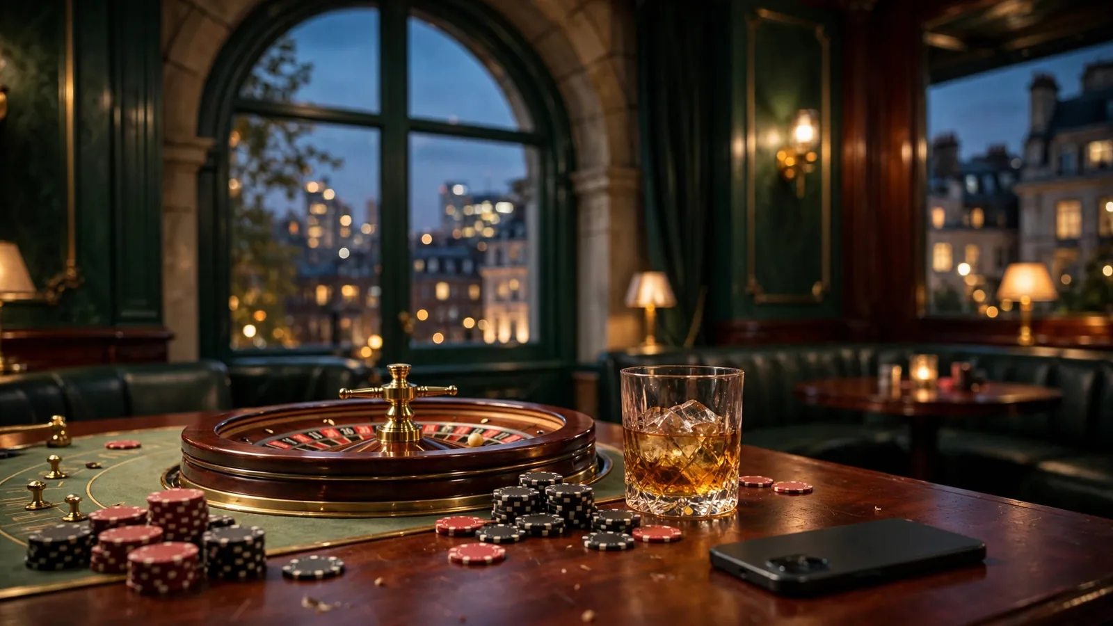 Elegant London private club with roulette wheel and poker chips at dusk