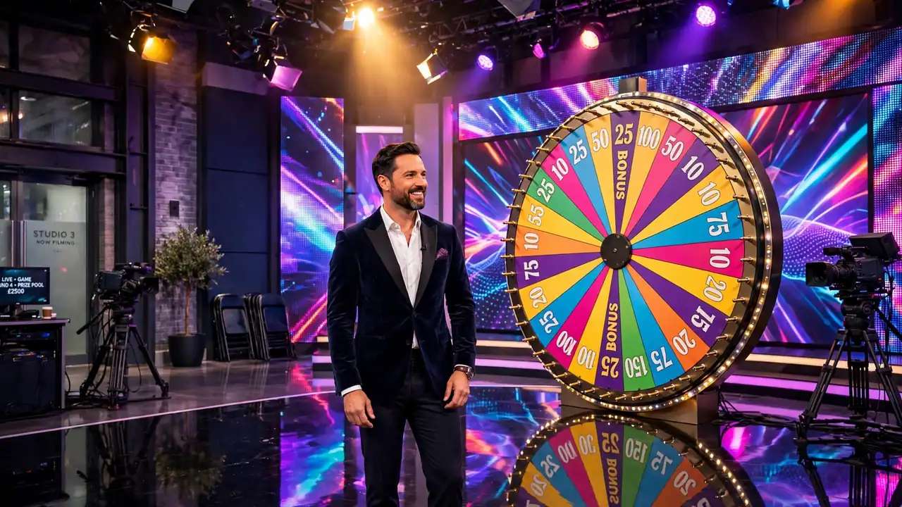 Live casino game show studio with presenter and colorful prize wheel