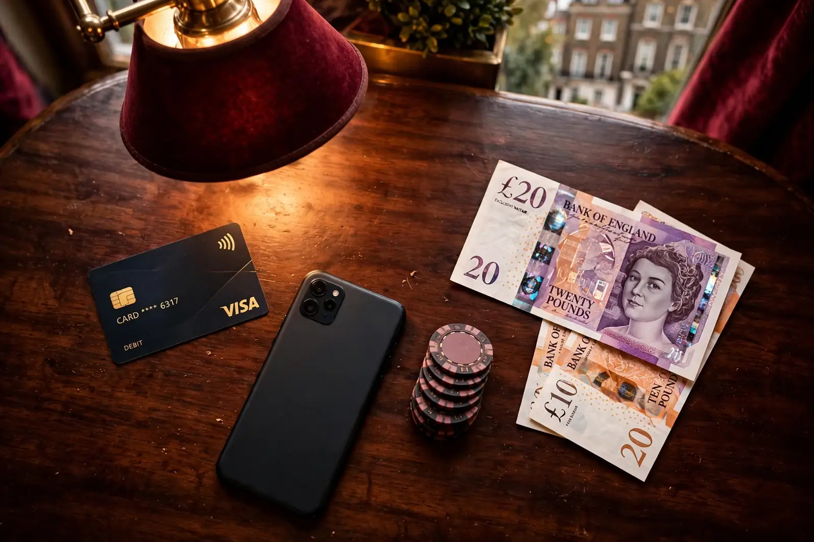 Contactless card, smartphone, casino chips and pound notes on a polished table.