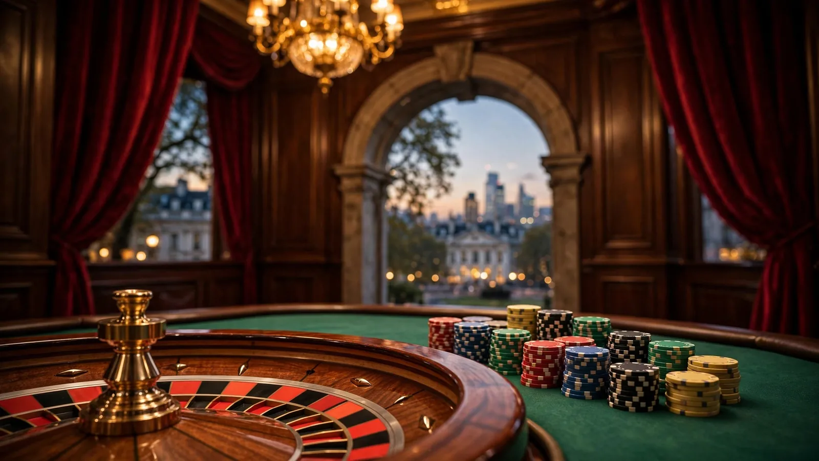Elegant casino interior with roulette wheel, stacked chips, and warm golden lighting