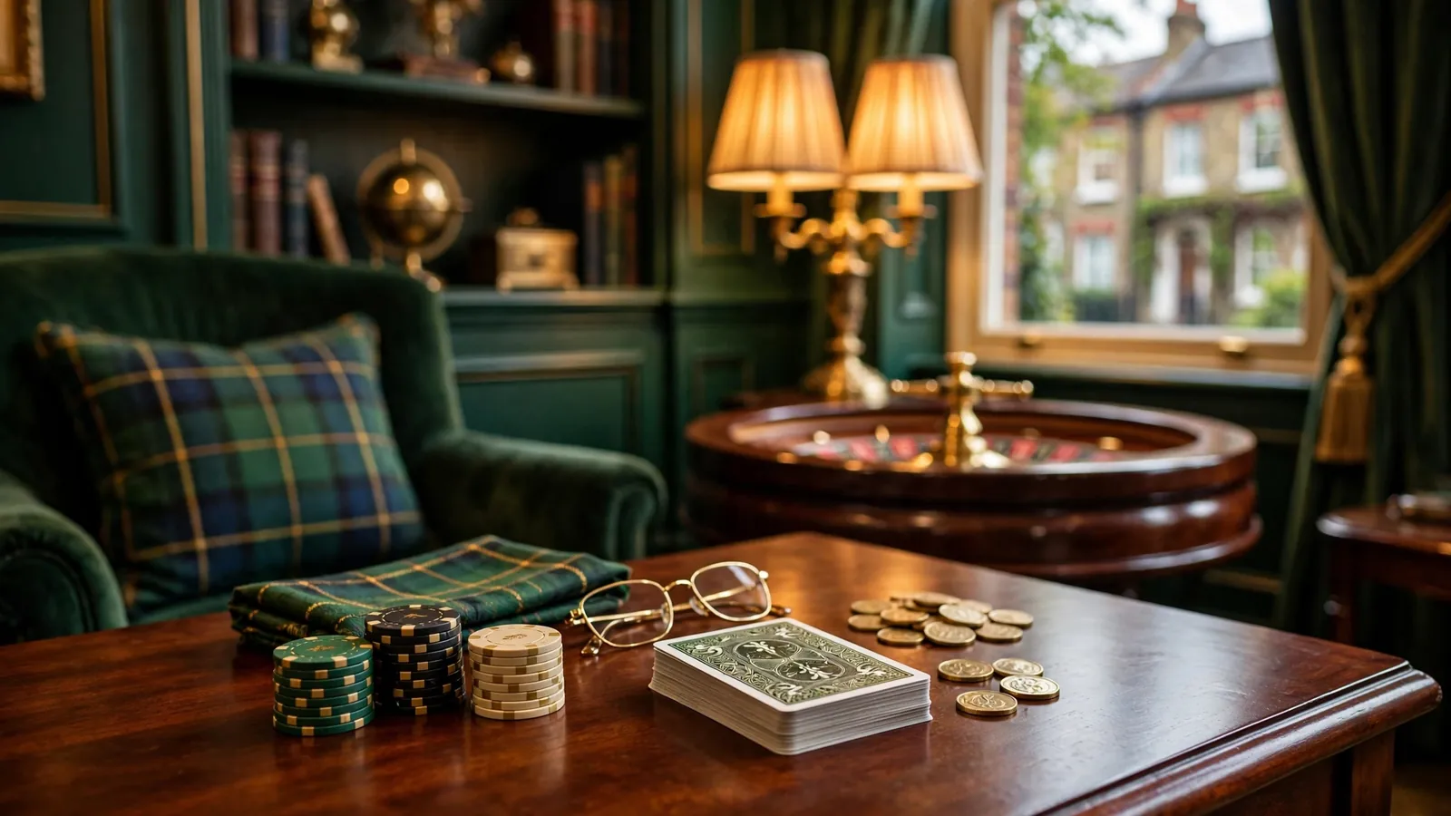 Elegant UK casino lounge with chips, cards, and roulette wheel