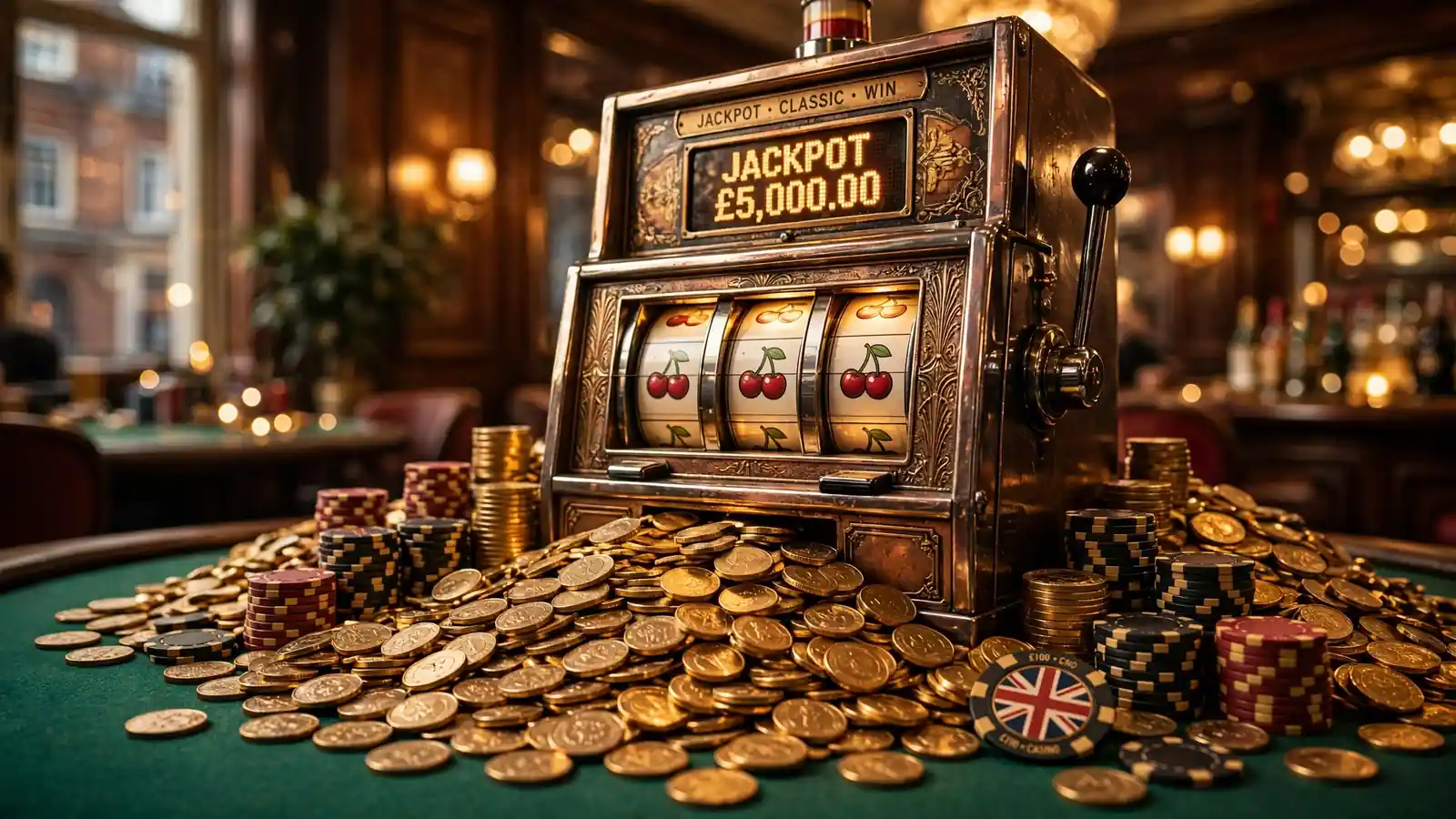 Glamorous slot machine with piles of gold coins and chips in a UK casino setting