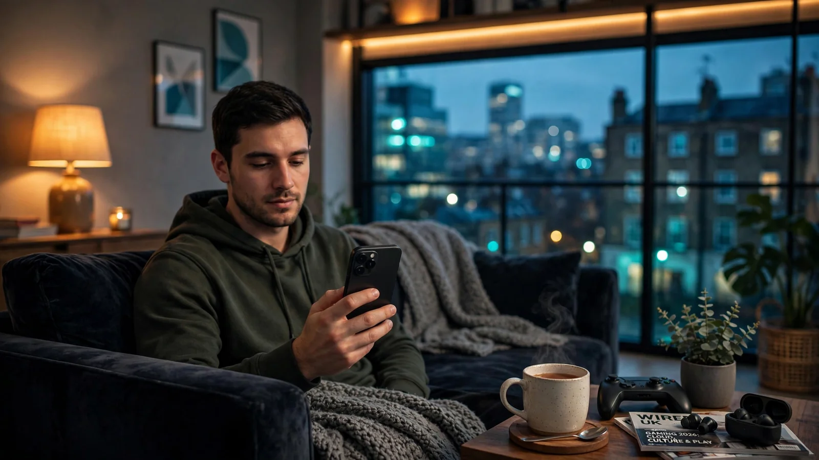 British adult relaxing with smartphone on sofa in modern London apartment at dusk