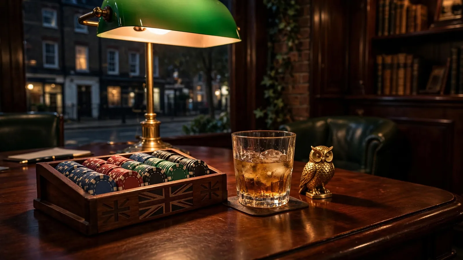 British club setting with casino chips, whisky, and a golden owl figurine on a wooden table