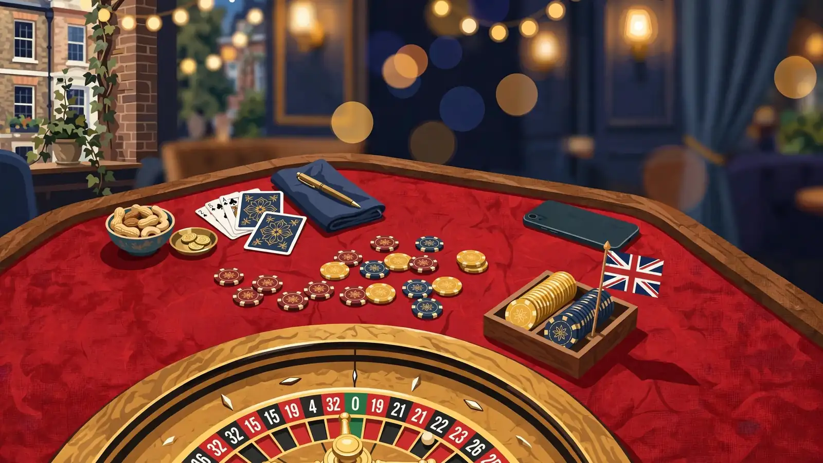 British online casino lounge with roulette wheel, chips and smartphone