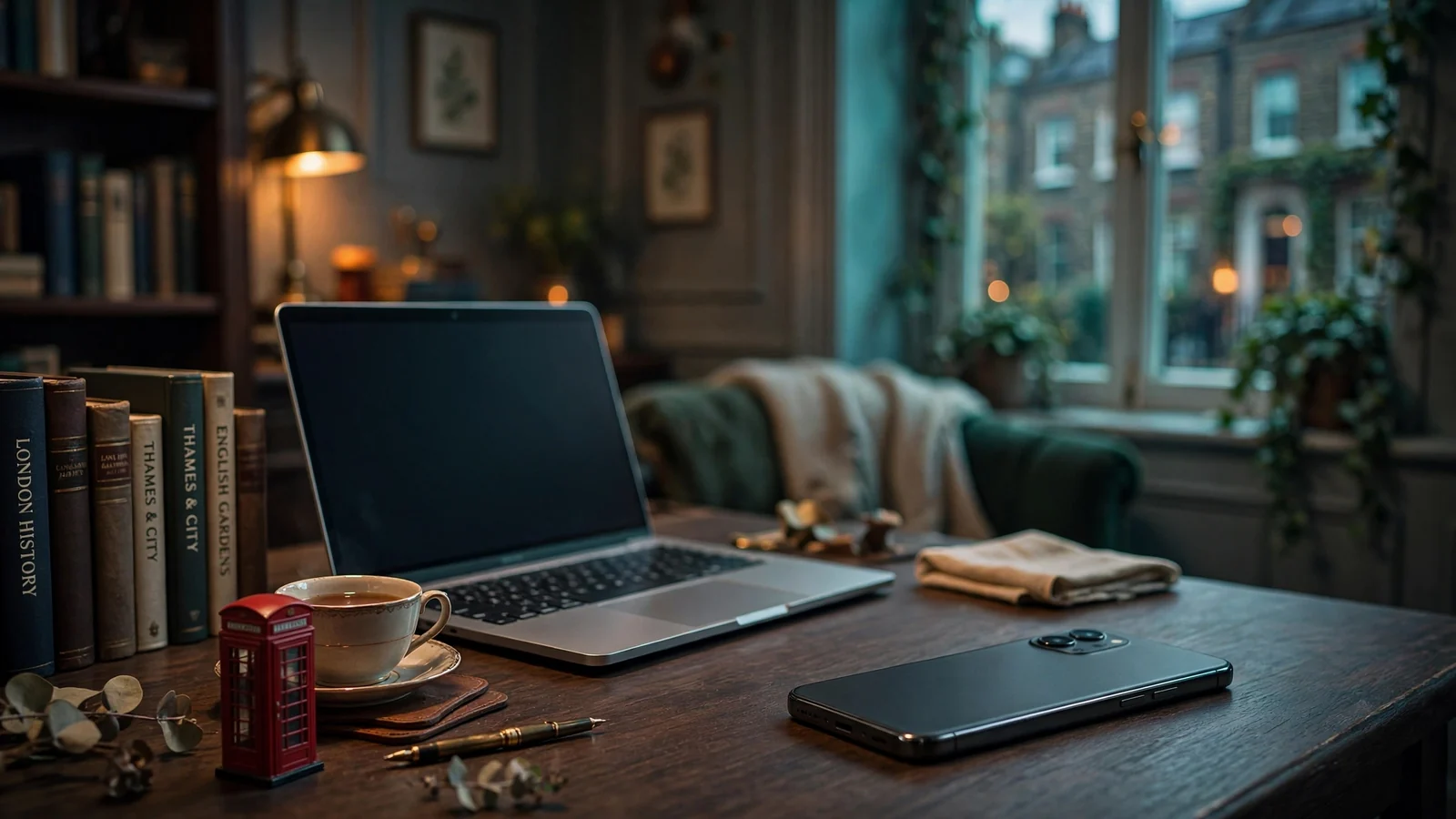 British-themed online casino setup with smartphone and laptop on desk