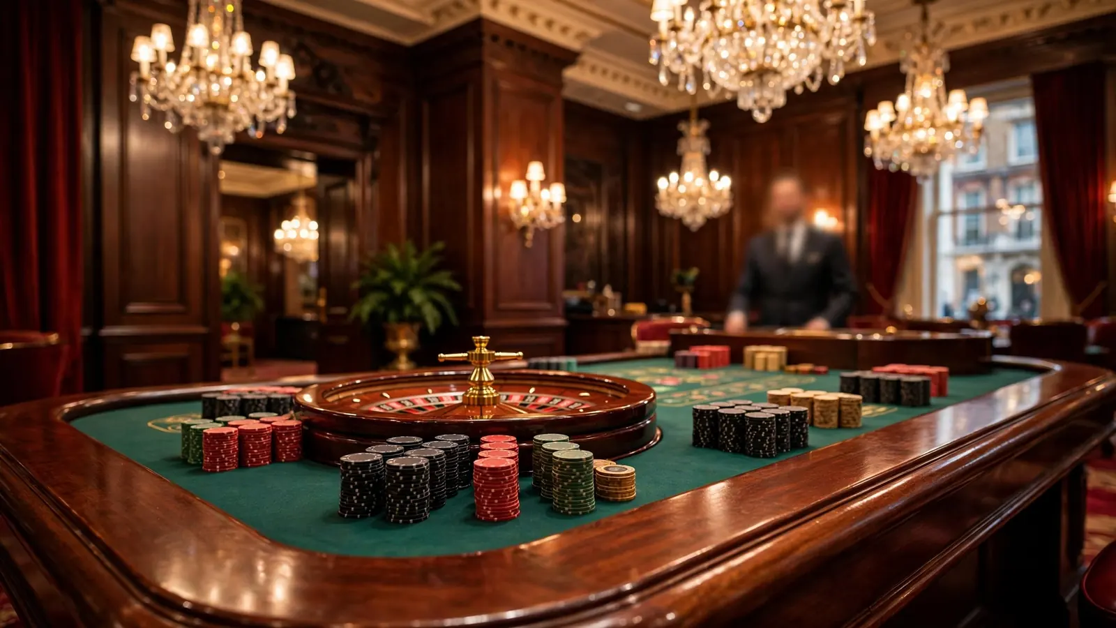 Elegant London casino lounge with roulette wheel and stacked chips