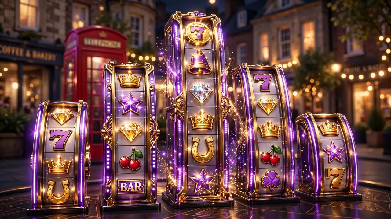 Stylized slot reels of varying heights with British casino atmosphere in purple and gold