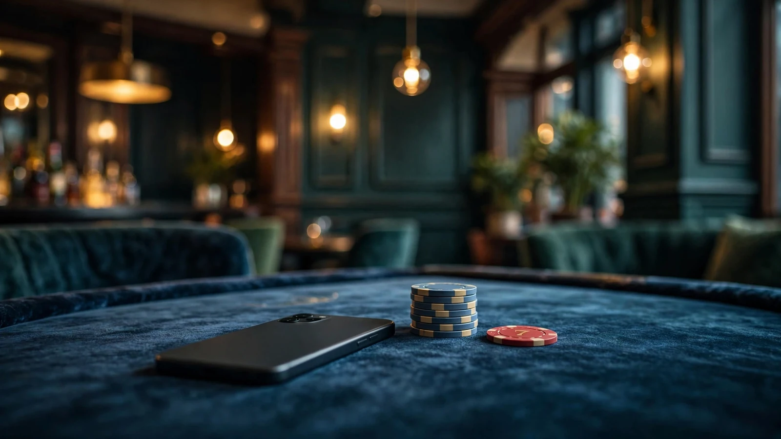 Smartphone face-down on velvet table with pound chips and a lucky seven chip, British casino lounge atmosphere