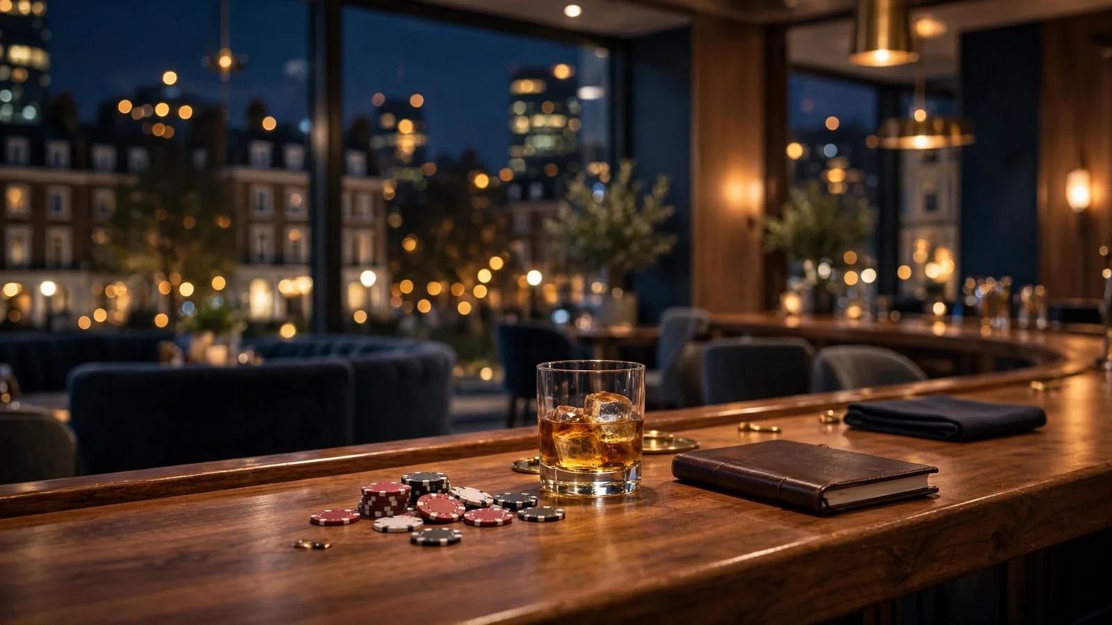 Elegant London casino lounge with poker chips on the bar at night