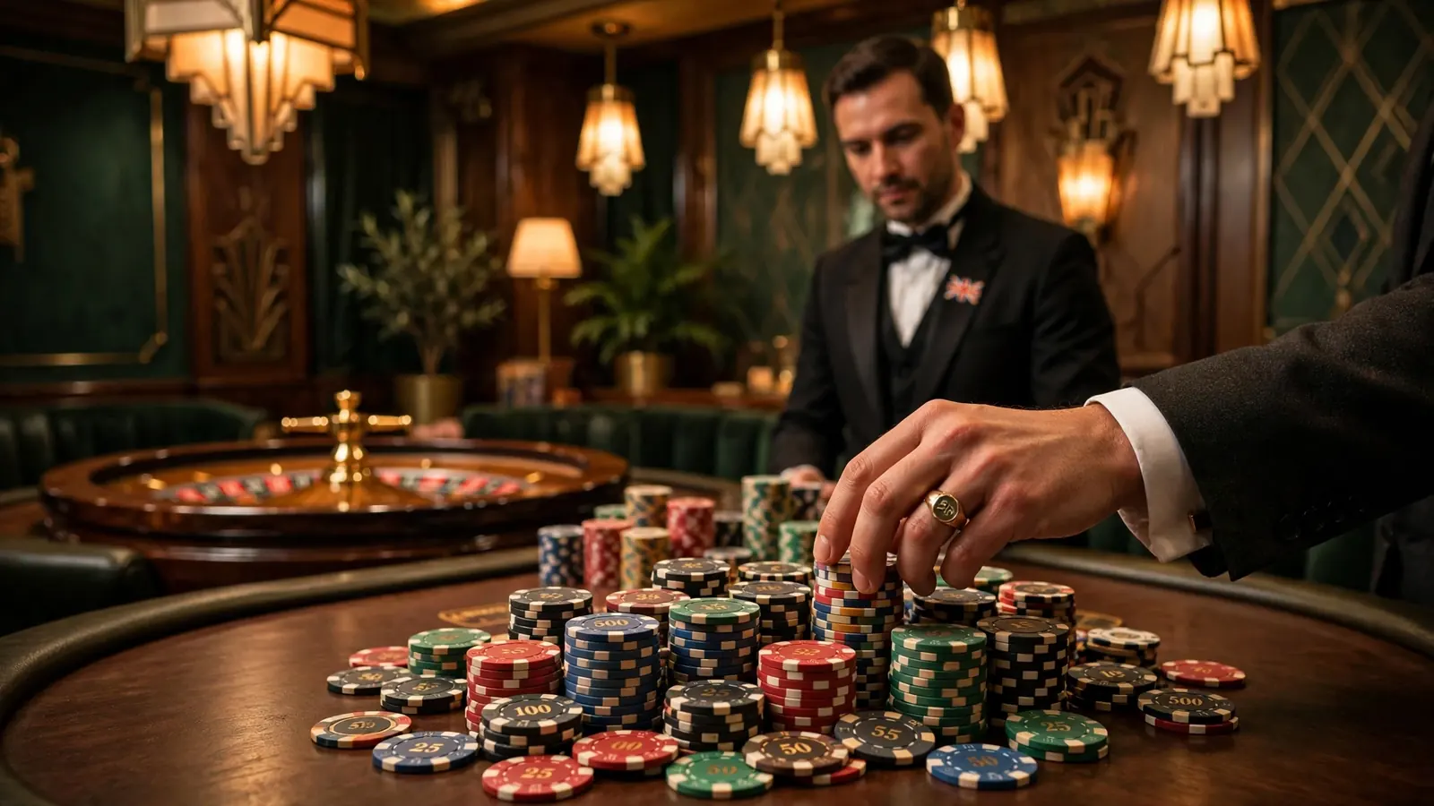 British casino interior with roulette wheel and varied chip stacks