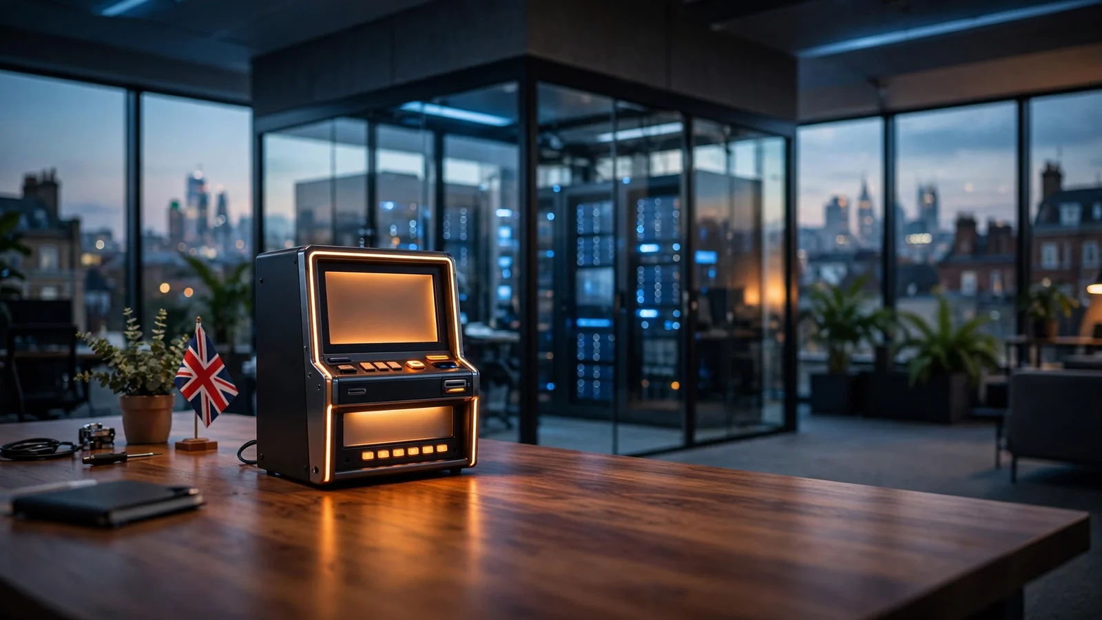 Modern European gaming software studio with server racks and slot machine prototype at dusk