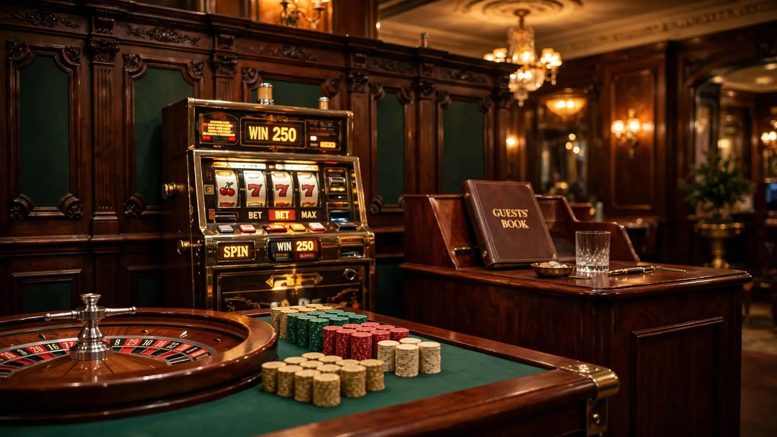 Elegant UK casino lobby interior with roulette table, chips and slot cabinet