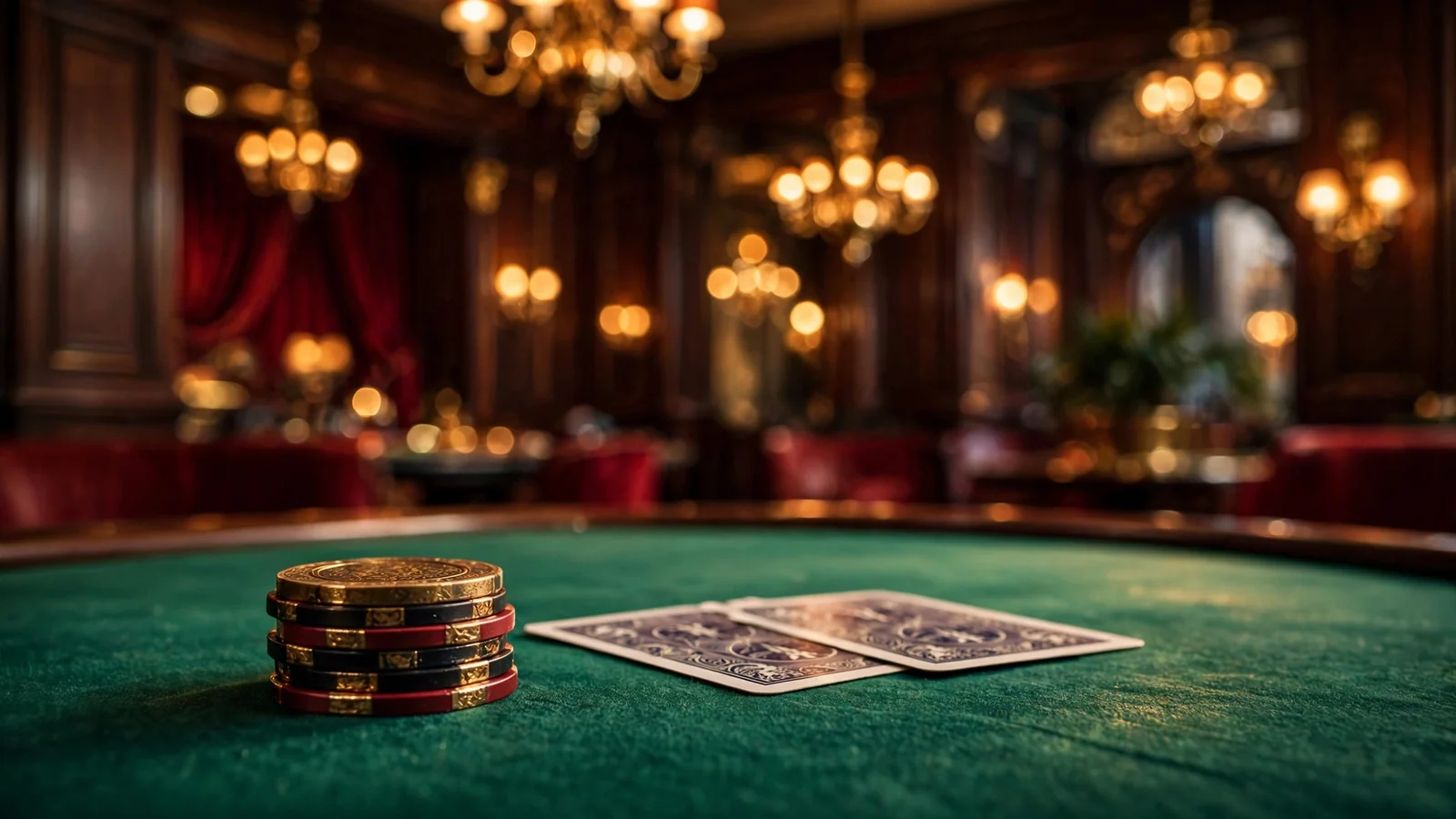 Stylized British casino interior with chips and cards on green felt