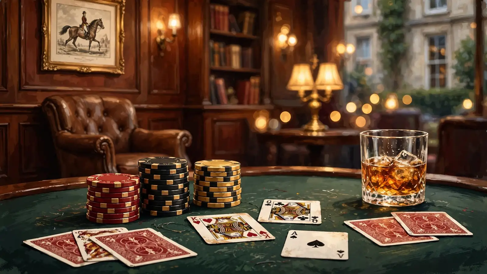 British casino lounge scene with stacked chips, whiskey, and playing cards