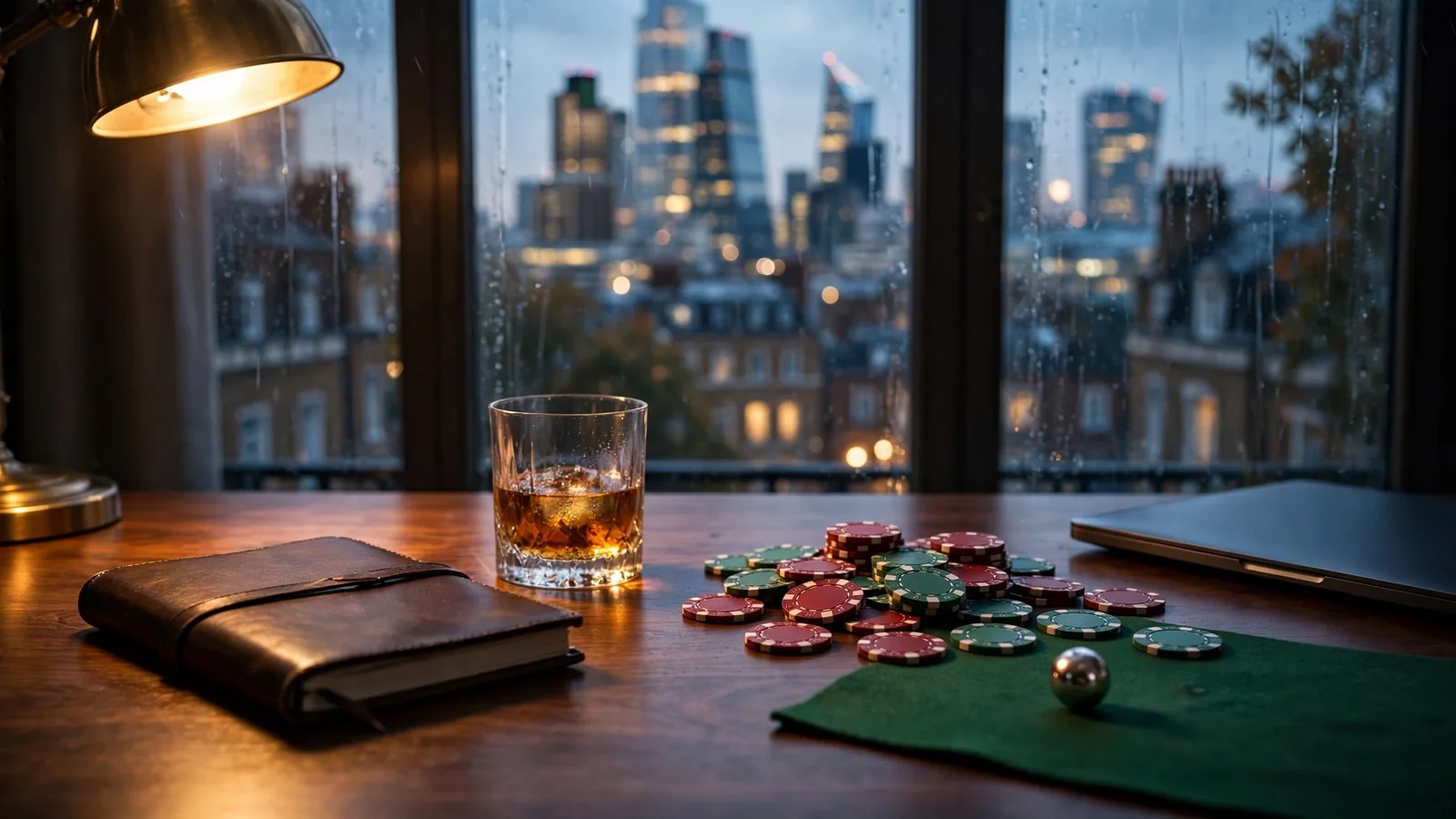 Moody London casino-themed scene with poker chips, roulette ball, and whisky on a polished desk at dusk