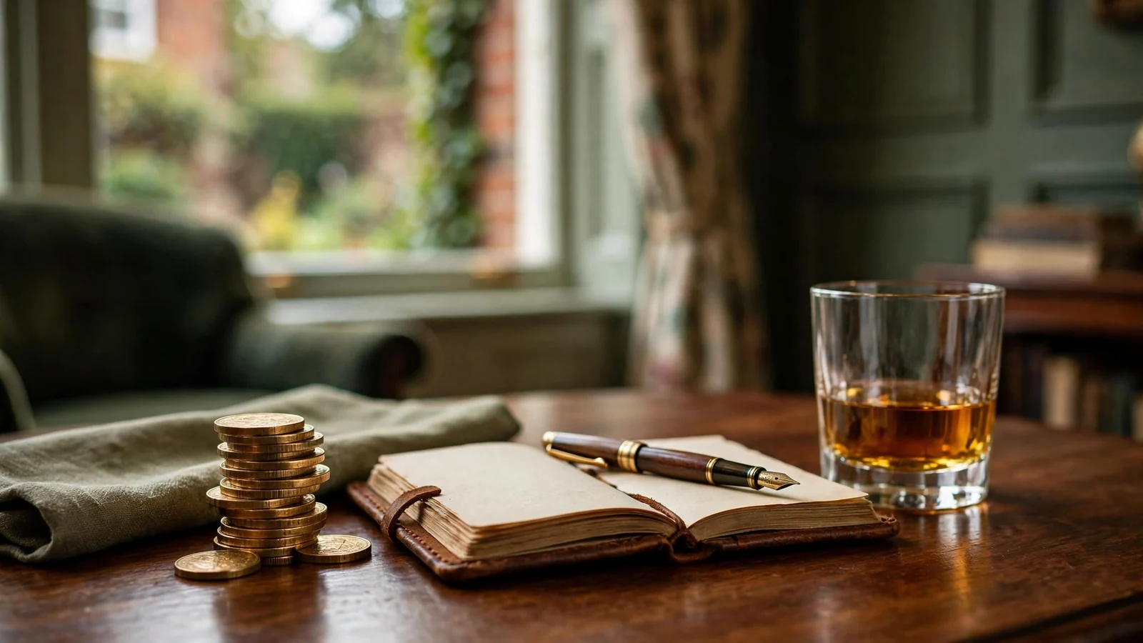 Stack of gold coins beside a leather notebook on a wooden table.